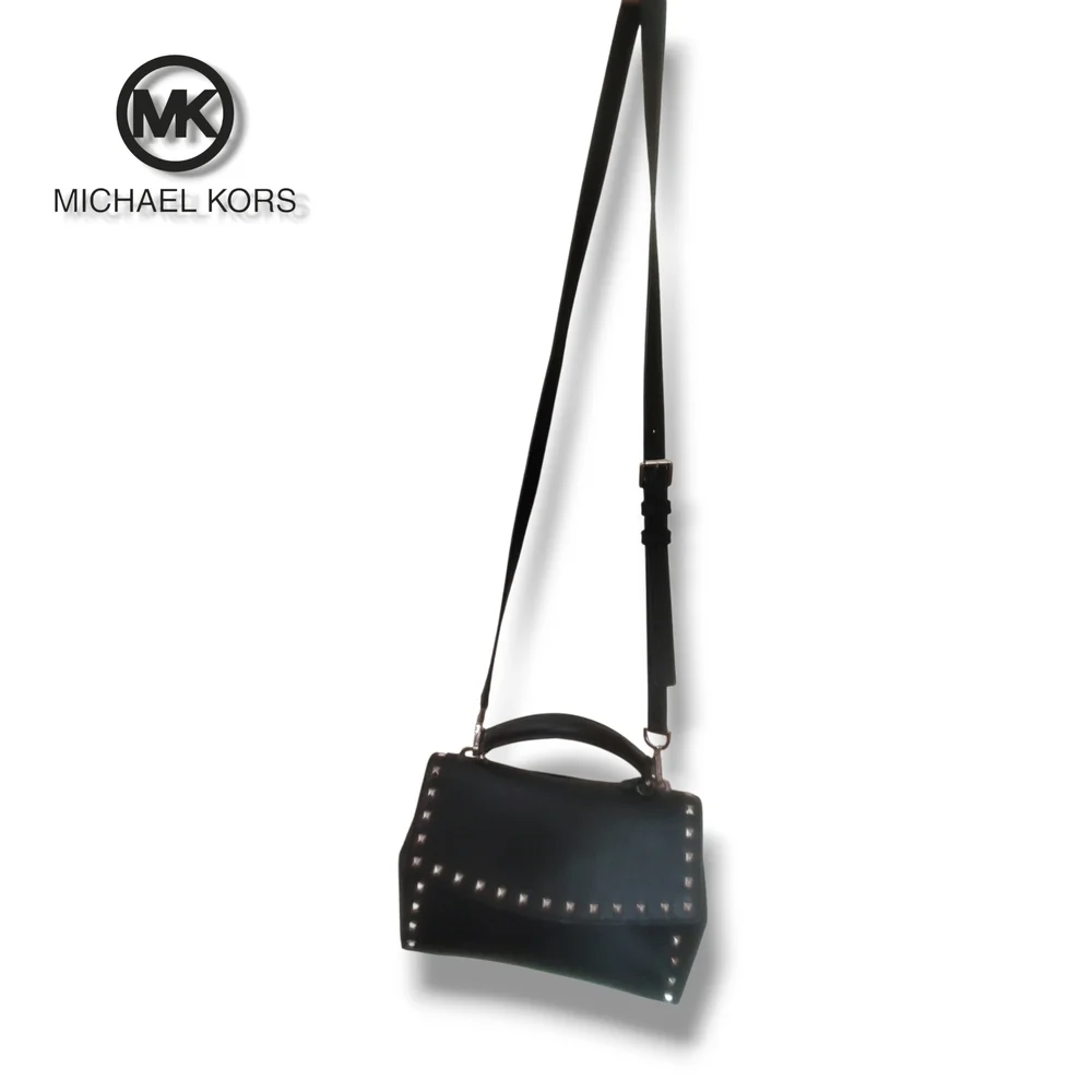 Michael KORS Black Saffiano Leather Top Handle Silver Studded Crossbody Satchel - Picture 6 of 17